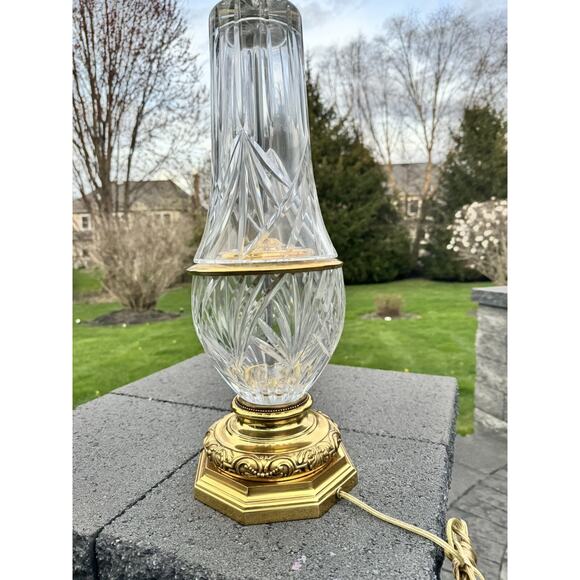 Vintage MCM Hollywood Regency Clear Cut Crystal Glass Brass Table Lamp 37” Tall - Picture 2 of 15